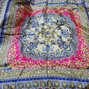 Vintage 100% Silk Scarf in Bright Pink, Blue, and Gold Chanderi Scarf